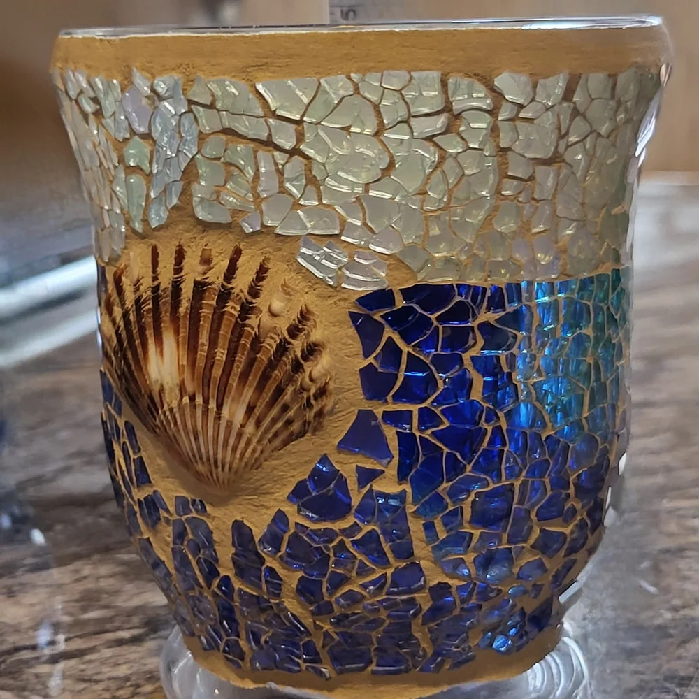 Mosaic Glass Candle Holders with Starfish and Shell Design